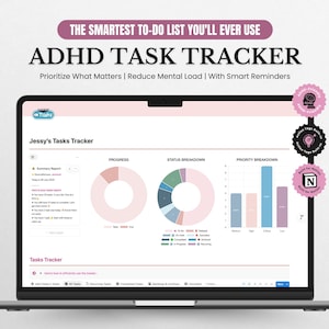 Może przedstawiać: Laptop z interfejsem śledzenia zadań ADHD. Ekran wyświetla wykresy postępu, statusu i priorytetów. Tekst zawiera "Jessy's Tasks Tracker" i "The Smartest To-Do List You'll Ever Use".