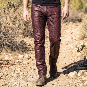 May include: A person wearing a black t-shirt and burgundy snake-skin patterned pants. The pants have a dark red and black design. The person is walking on a dirt path in a desert environment.