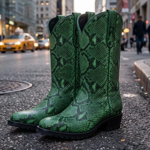 Könnte beinhalten: Ein Paar wadenhohe Cowboystiefel mit einem leuchtend grünen und schwarzen Schlangenledermuster. Die Stiefel haben eine spitz zulaufende Zehenpartie, einen gestapelten Blockabsatz und eine schwarze Profilsohle. Der Schaft hat zwei Zuglaschen.