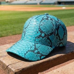以下が含まれることがあります： 木製のベンチに置かれた、ヘビ革模様のターコイズ色の野球帽。 つばはカーブしており、表面は質感があります。 背景には、緑の芝生とスタジアムの座席がある野球場が写っています。