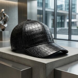 May include: A black baseball cap with a textured, crocodile-effect pattern. The cap is made of a dark material and has a curved peak. The hat is displayed on a concrete surface.