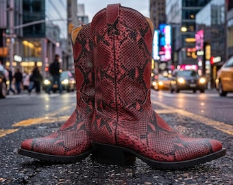 Red Cowboy Boots Women, Snake Print Leather Western Footwear, Country Concert Gift