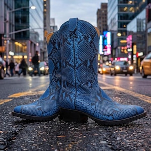 Könnte beinhalten: Ein Paar wadenhohe Cowboystiefel mit einem leuchtend blauen und schwarzen Schlangenledermuster. Die Stiefel haben eine spitz zulaufende Zehenpartie, einen gestapelten Blockabsatz und eine Zuglasche am Schaft mit einem detaillierten Schuppenmuster.