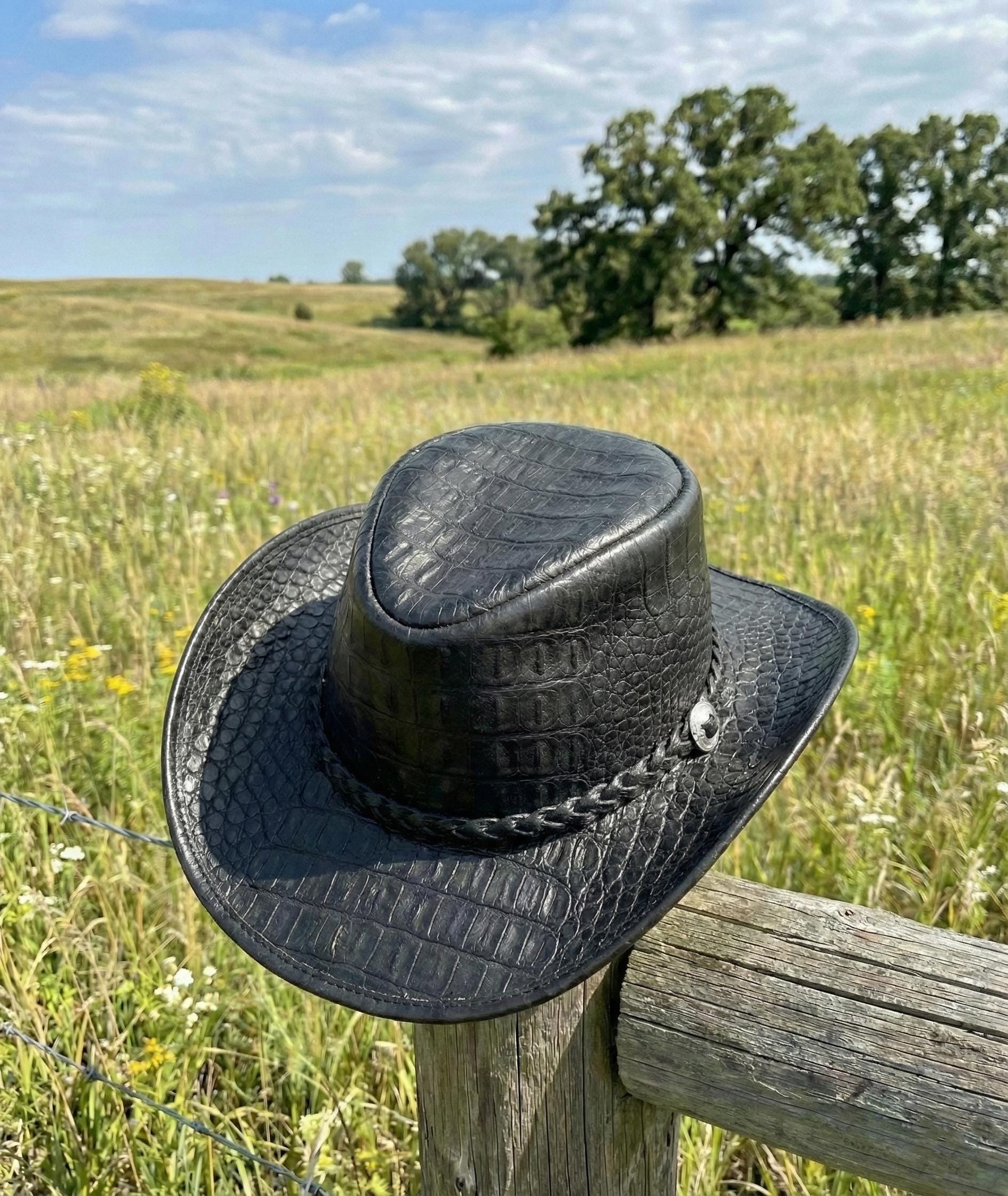 Black Leather Cowboy Hat Crocodile Embossed Texture Western Style