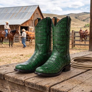 May include: A pair of emerald green cowboy boots featuring a textured crocodile skin pattern, pointed toes, and black leather soles. The boots have a tall shaft with decorative stitching and pull tabs at the top, showcasing a glossy finish.