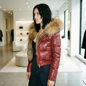 May include: A red snakeskin-patterned puffer jacket with a fur-trimmed hood. The jacket is cropped and has a zipper closure. The model is wearing black pants and a black top. The background is a well-lit retail space.