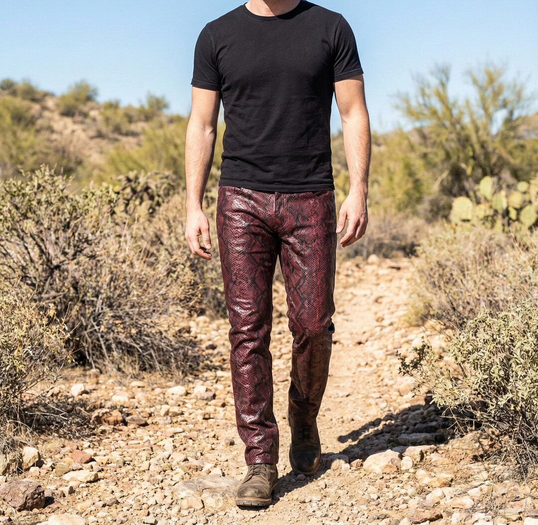 Handmade Men's Leather Pants Red Snake | Python Print Jeans | Exotic ...