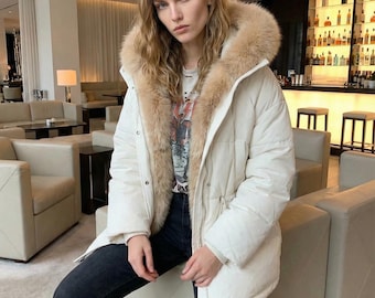 White Puffer Parka, Fur Hooded Winter Coat