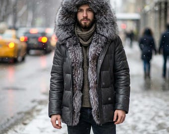 Men’s Luxury Black Leather Puffer Jacket Real Fox Fur Hood Winter Puffy Coat