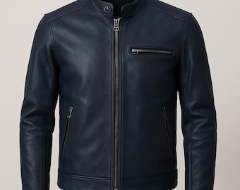 Chaqueta de motociclista de cuero azul marino hecha a mano, chaqueta de moto para hombre