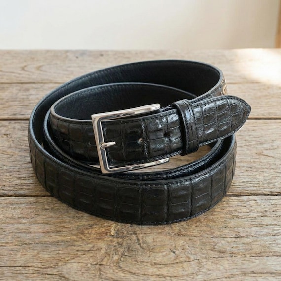 Black Crocodile Embossed Leather Belt With Silver Buckle  display picture 3