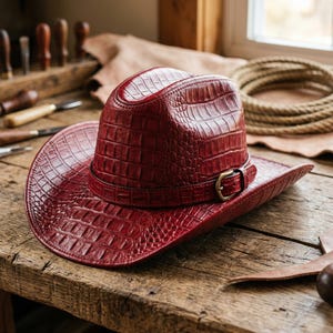 May include: A red cowboy hat with a textured, crocodile-like pattern. The hat has a matching band with a brass buckle. The hat is on a wooden surface, with tools and rope in the background.