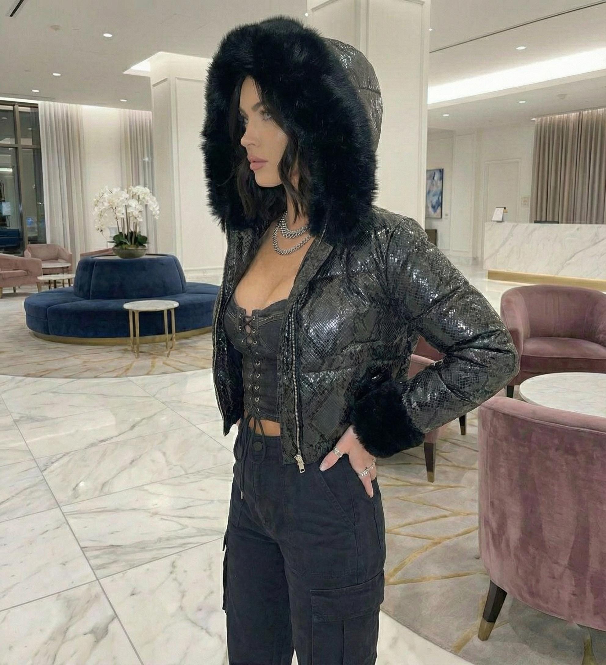 Women's Snake Print Leather Puffer Jacket - Black Cropped Winter