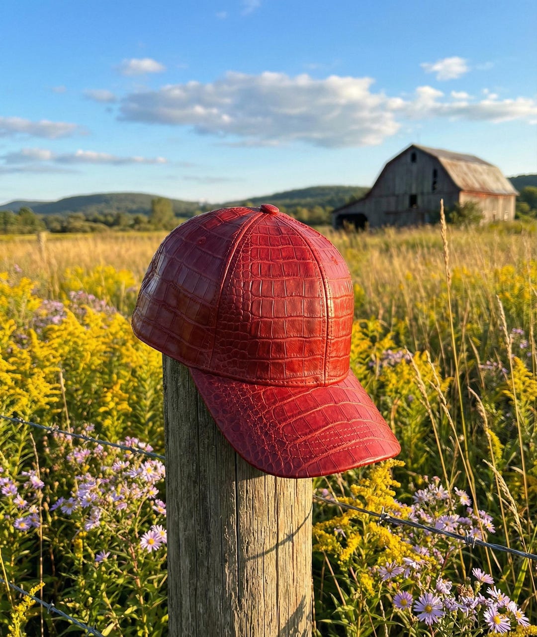 Red Codro Wool Cap Red Crocodile Embossed Leather Baseball Cap, Unisex Luxury Streetwear ...