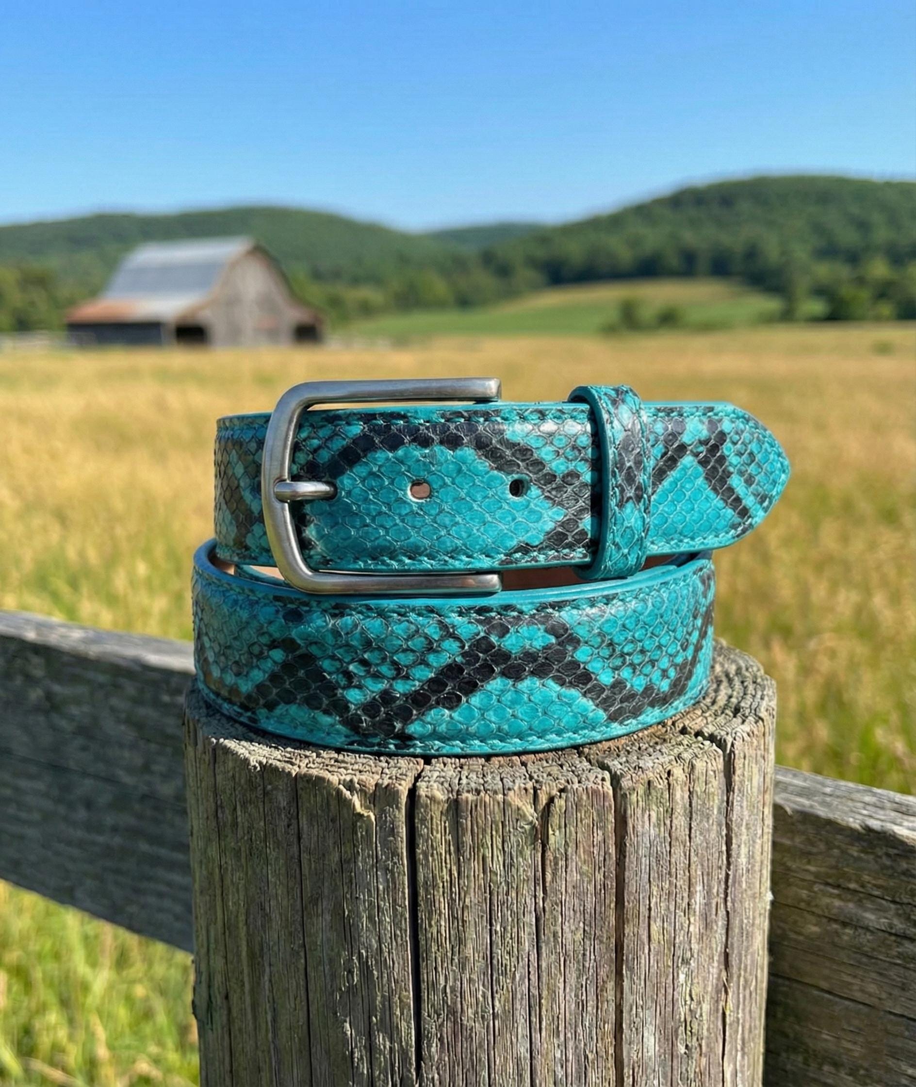 Embossed Leather Snake Belt in Teal - 1.25 Wide Turquoise 