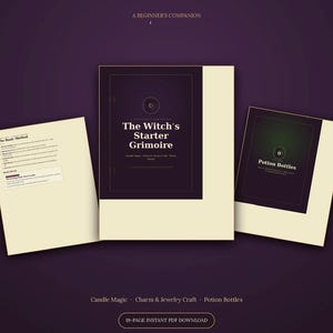 Pode incluir: Um documento digital intitulado The Witch's Starter Grimoire, com uma capa roxa escura e texto dourado, ao lado de duas páginas abertas exibindo instruções sobre magia com velas e poções, disponível como um download em PDF de 19 páginas.