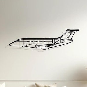 Può includere: Un contorno nero in metallo di un jet privato appeso a una parete bianca sopra un divano bianco con cuscini beige. Il divano si trova in un soggiorno con pavimento in legno e un tavolino con un vaso di fiori secchi.