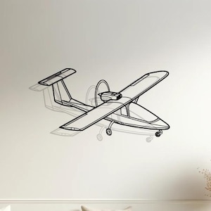 May include: A black and white line drawing of a small airplane on a white wall above a white couch with beige pillows. The couch is in a living room setting with a wooden floor and plants.