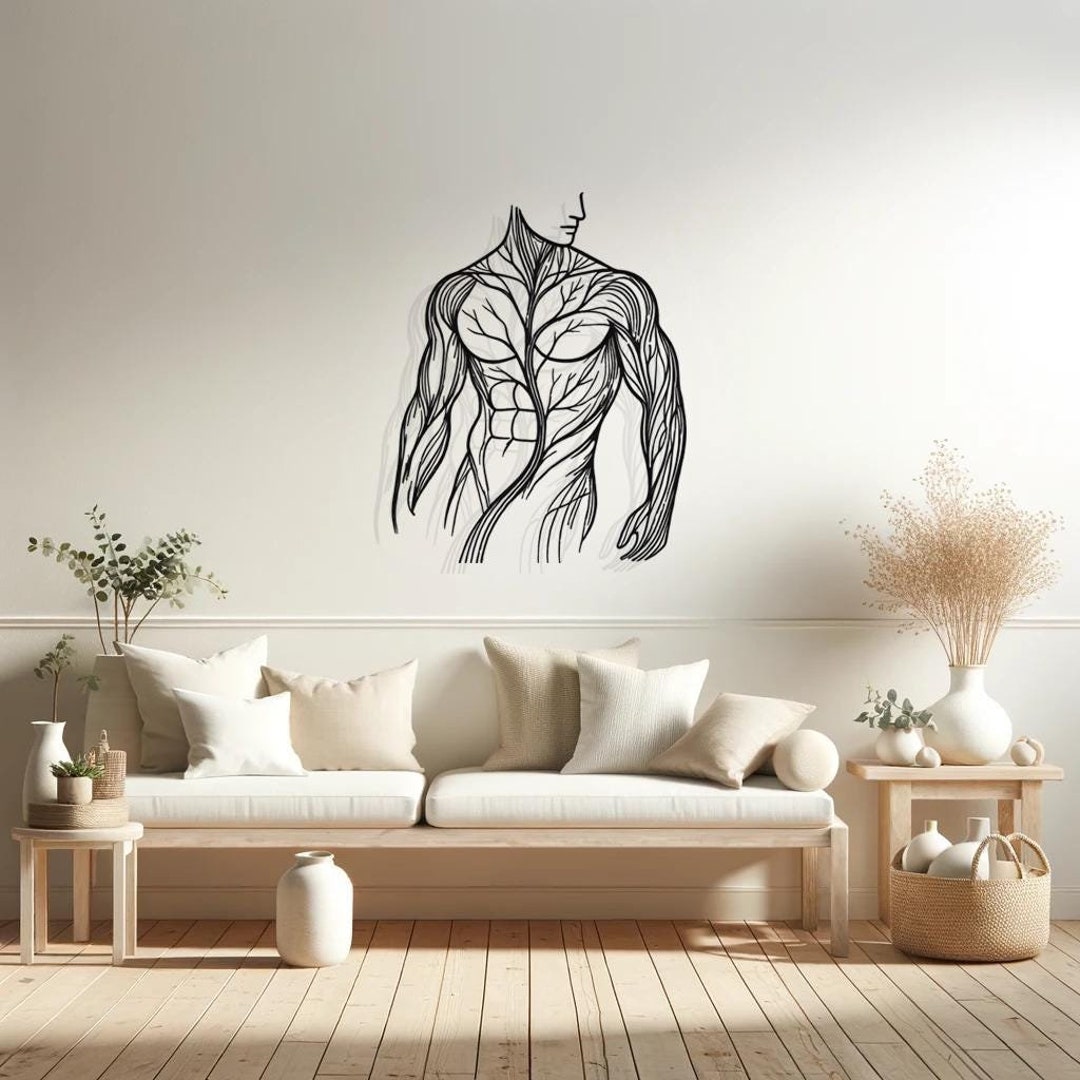 Modern Masculine Metal Line Art, Bathroom Wall Art Men, Tree Man Body