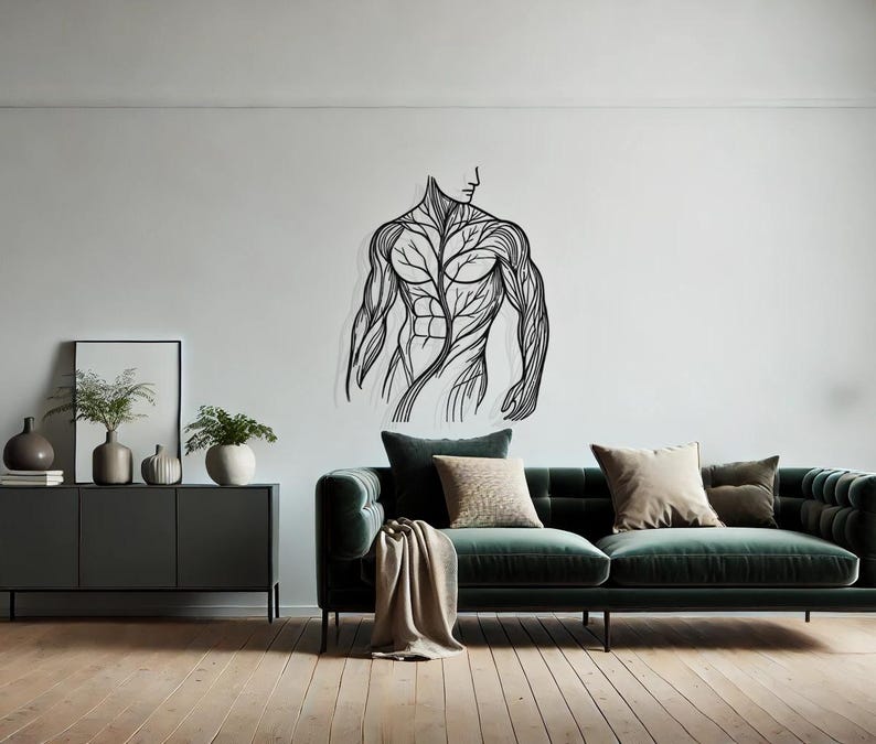 Modern Masculine Metal Line Art, Bathroom Wall Art Men, Tree Man Body