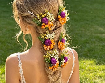 ドライフラワーのウェディングヘアアクセサリー、花のブライダルヘアピース、ブライズメイド、フラワーガール、フラワーピン