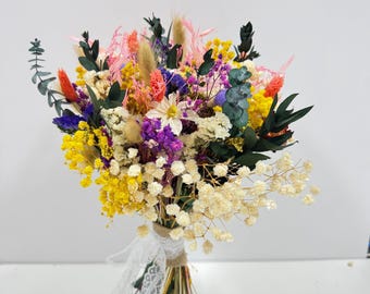 Boho gedroogde gemengde wilde bloemen boeket, rustieke bruiloft bloemstukken, bruidsboeket