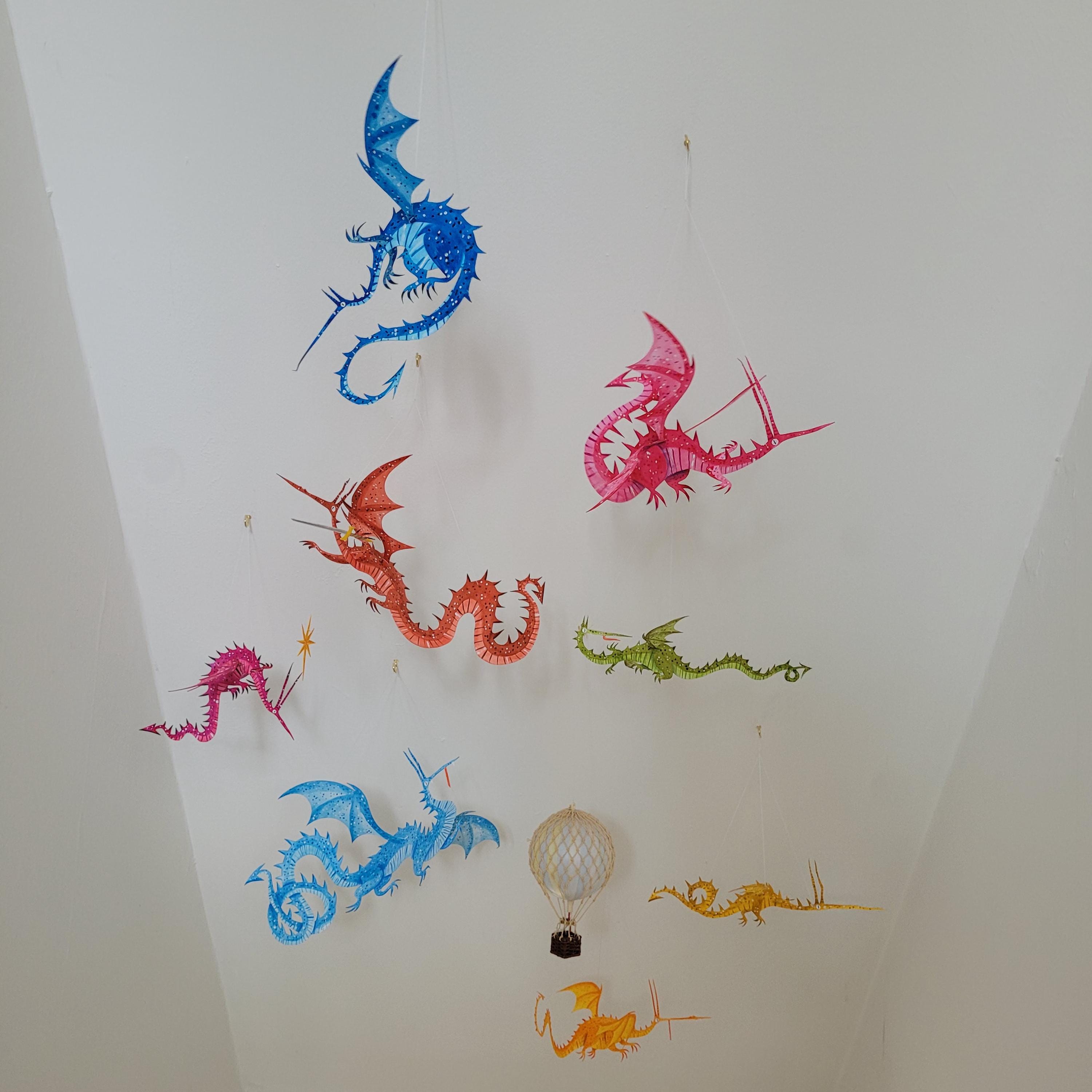 Commissioned Hanging Dragon Decoration. Bespoke watercolour dragons, hanging from clear thread. Made to your specifications and requests.