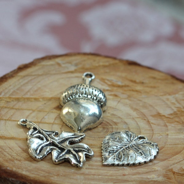 Set of three - Large Vintage Silver Gun Metal or Pewter Charms - Autumn Leaves - 3 styles