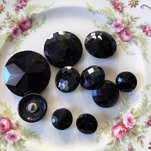 Vintage Buttons / Black Faceted Glass / Victorian / Assorted Sz / 10 / Sewing / Trim / Crafts / Collectibles