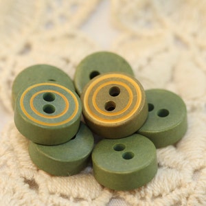 Vintage Small Olive Green Thick Wooden Buttons w yellow striping 7 Resemble Game Pieces image 4