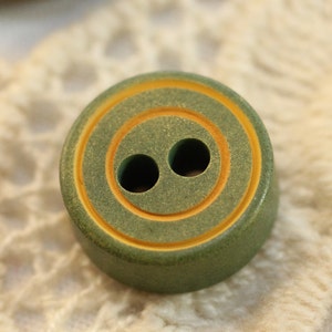 Vintage Small Olive Green Thick Wooden Buttons w yellow striping 7 Resemble Game Pieces image 1