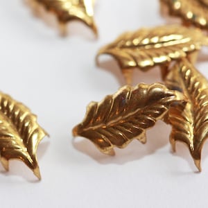 May include: A group of gold-colored metal leaf-shaped embellishments. The leaves have a textured surface and are scattered on a white background.