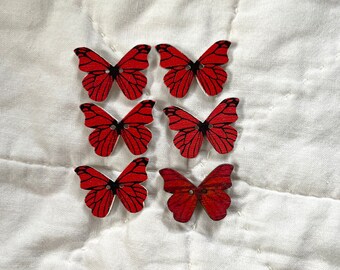 Novelty Craft Buttons / Red Butterflies / Natural Painted Wood / Sewing / Trim / Projects / Embellishments / New Stock