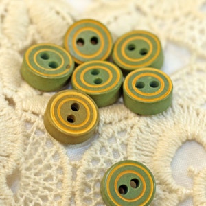 Vintage Small Olive Green Thick Wooden Buttons w yellow striping 7 Resemble Game Pieces image 3