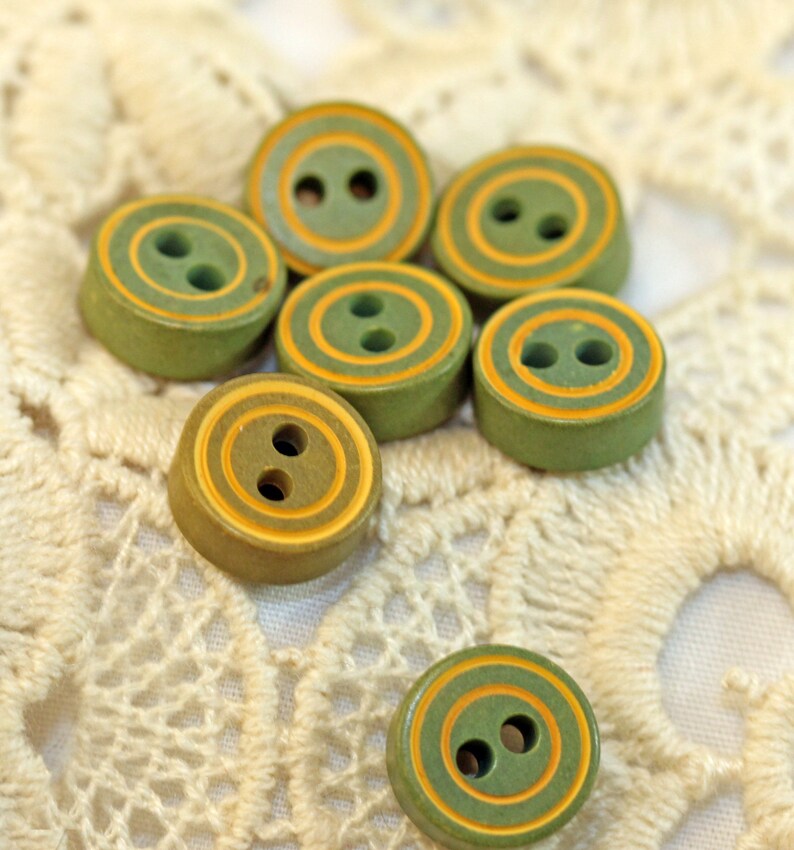 Vintage Small Olive Green Thick Wooden Buttons w yellow striping 7 Resemble Game Pieces image 3