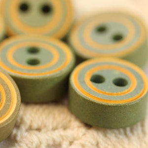 Vintage Small Olive Green Thick Wooden Buttons w yellow striping 7 Resemble Game Pieces image 2