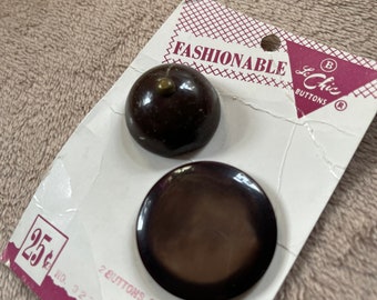 Vintage Bakelite Carded Buttons / Odd Set of 2 / Original Packaging / Deep Mahogany Brown / Sewing / Trims / Findings