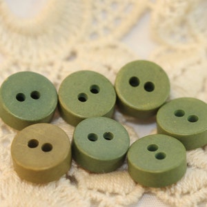 Vintage Small Olive Green Thick Wooden Buttons w yellow striping 7 Resemble Game Pieces image 5
