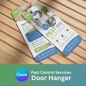 Może przedstawiać: Dwa wieszaki na drzwi dla usług kontroli szkodników. Projekt wykorzystuje niebieski i biały z zielonymi akcentami. Tekst zawiera "Pest Control Services", "Safe, Fast, Guaranteed" i dane kontaktowe. Tło to drewniana powierzchnia.