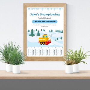 May include: A framed poster for Jake's Snowplowing, featuring a yellow snowplow clearing a snowy landscape. The poster includes the text "Fast. Reliable. Local" and a phone number. Two small potted plants sit on a wooden shelf below.