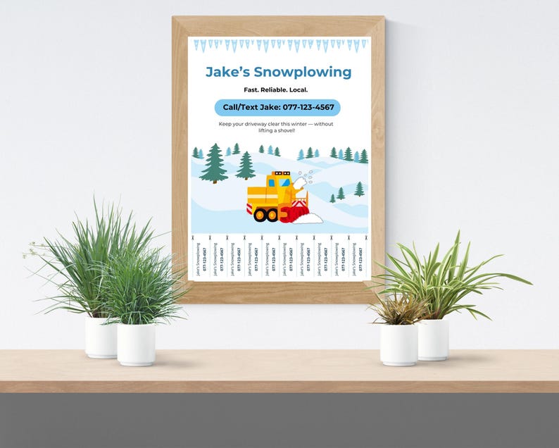 May include: A framed poster for Jake's Snowplowing, featuring a yellow snowplow clearing a snowy landscape. The poster includes the text "Fast. Reliable. Local" and a phone number. Two small potted plants sit on a wooden shelf below.