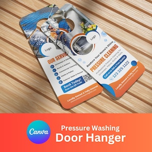 May include: Two door hangers with a pressure washing theme. The door hangers have a blue, orange, and white color scheme. The text on the door hangers includes "Pressure Cleaning" and a phone number. The door hangers are on a wooden surface.
