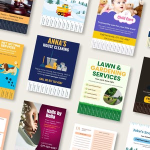May include: A collection of flyers advertising various local services. Flyers include pet sitting, house cleaning, lawn care, childcare, and snowplowing. Each flyer features a unique design with contact information and service details.