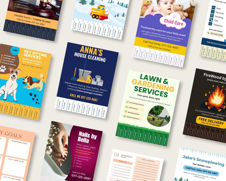 May include: A collection of flyers advertising various local services. Flyers include pet sitting, house cleaning, lawn care, childcare, and snowplowing. Each flyer features a unique design with contact information and service details.