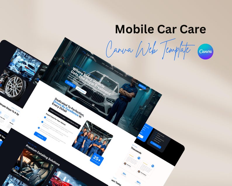 May include: A digital design for a mobile car care service, showcasing website mockups with a clean, modern aesthetic. The design features images of cars, detailing services, and a team of professionals. Text includes "Mobile Car Care" and "Canva Web Template."