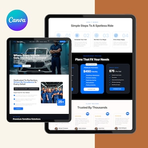 May include: Two tablets displaying a car detailing service website. The smaller tablet shows a car and text: "Where Every Vehicle Gets The Royal Treatment." The larger tablet shows service plans and steps for a spotless ride.