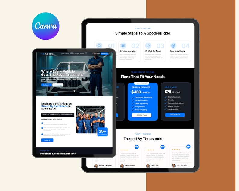 May include: Two tablets displaying a car detailing service website. The smaller tablet shows a car and text: "Where Every Vehicle Gets The Royal Treatment." The larger tablet shows service plans and steps for a spotless ride.