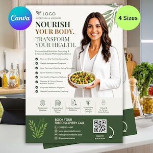 Może przedstawiać: Ulotka dotycząca odżywiania i dobrego samopoczucia z tekstem Nourish Your Body. Transform Your Health. Wymienia usługi takie jak poradnictwo żywieniowe, zawiera kod QR do rezerwacji i przedstawia osobę trzymającą miskę sałatki.