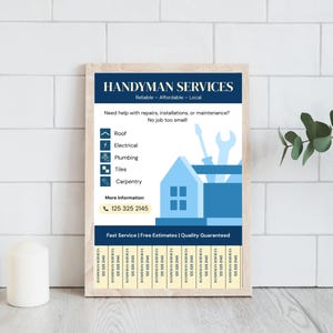 May include: A framed print with the text "HANDYMAN SERVICES" in navy blue. The print lists services like roof repair, electrical, plumbing, tiles, and carpentry. A phone number is provided for more information. The print is displayed on a white tiled wall.