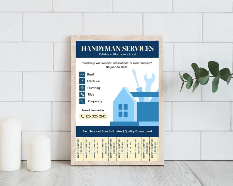 May include: A framed print with the text "HANDYMAN SERVICES" in navy blue. The print lists services like roof repair, electrical, plumbing, tiles, and carpentry. A phone number is provided for more information. The print is displayed on a white tiled wall.